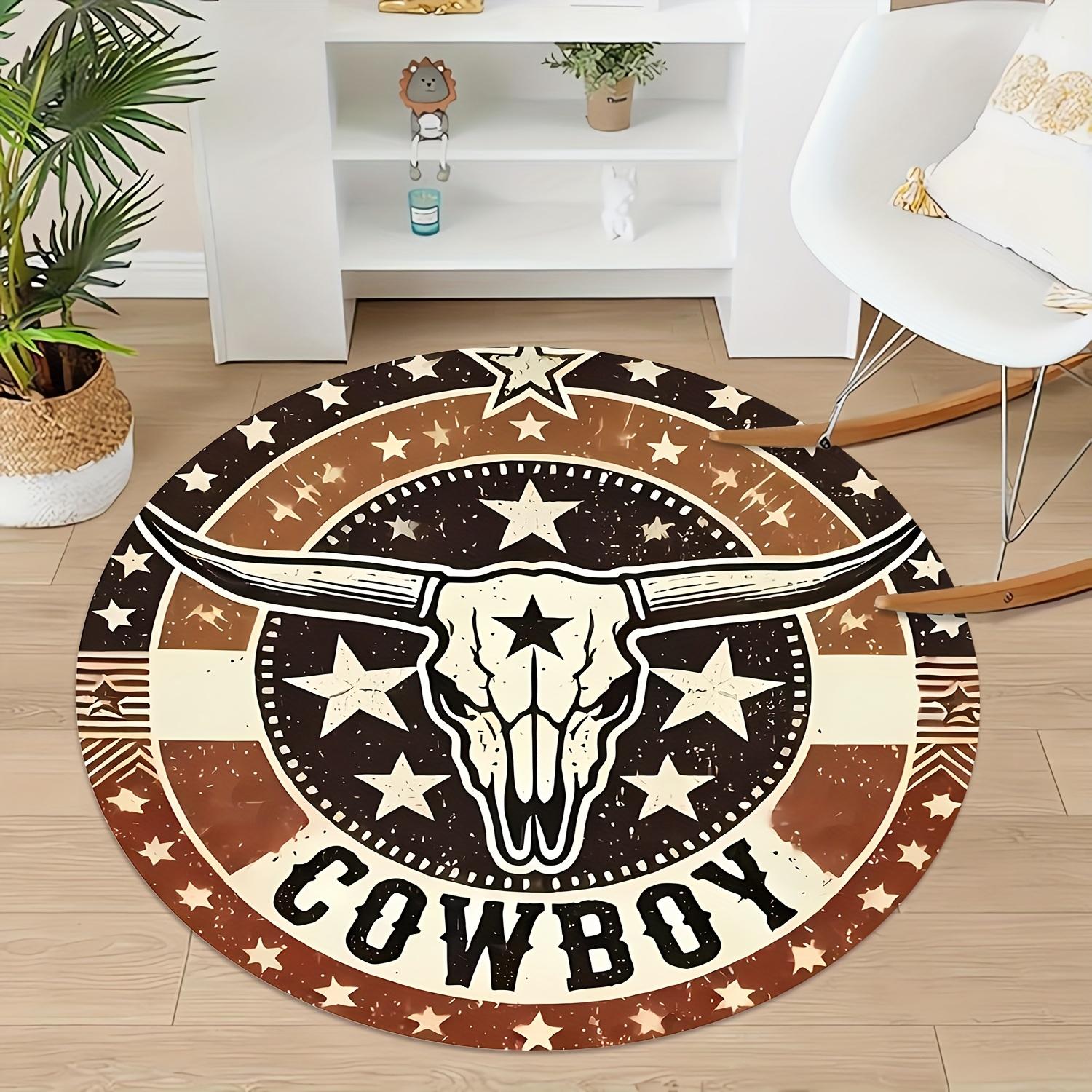

Cowboy Themed Round Rug, Washable Polyester Mat with Stars Skull Design for Living Room Bedroom Entryway Outdoor Decor Diameter 60cm