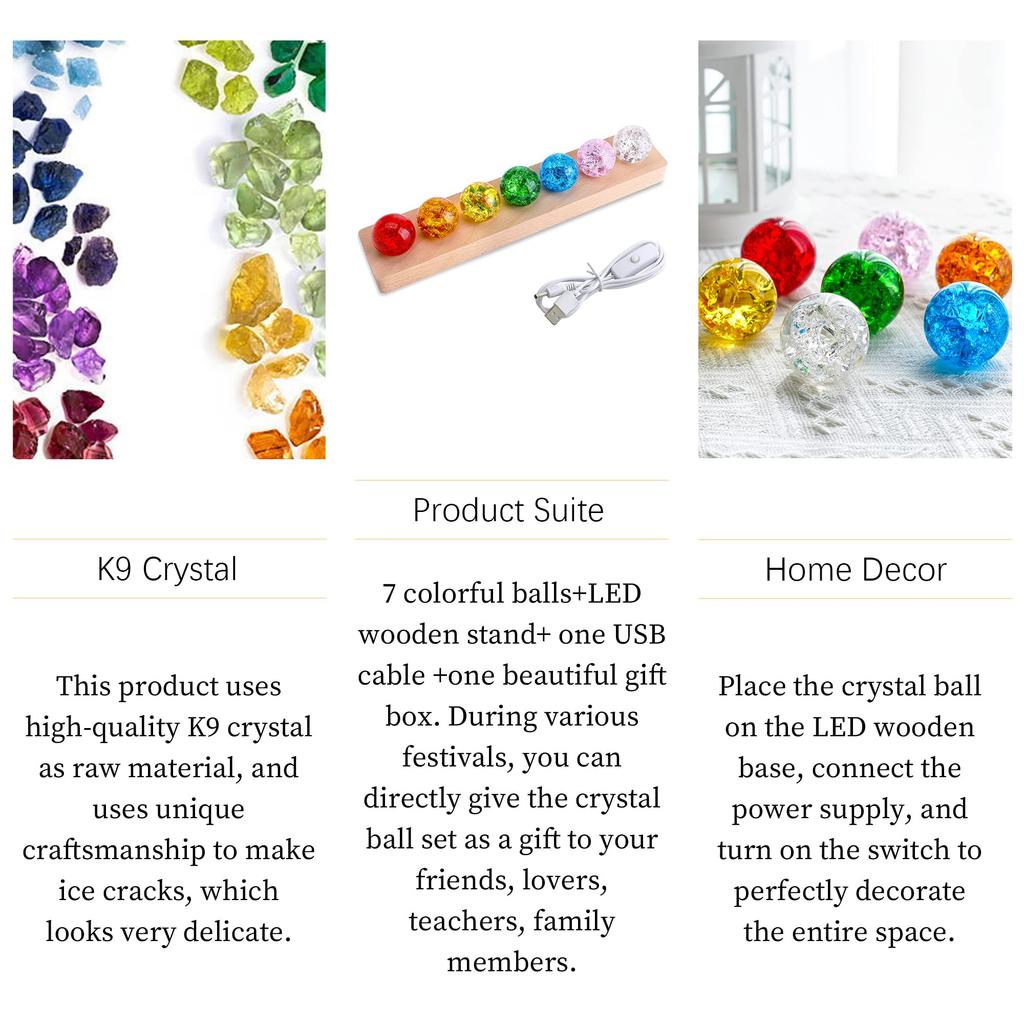 KRISININE 7-Color 40 Mm Crystal Cracked Glass Balls with LED Wooden Base (Home Décor Light for Meditation, Yoga, Relaxation)