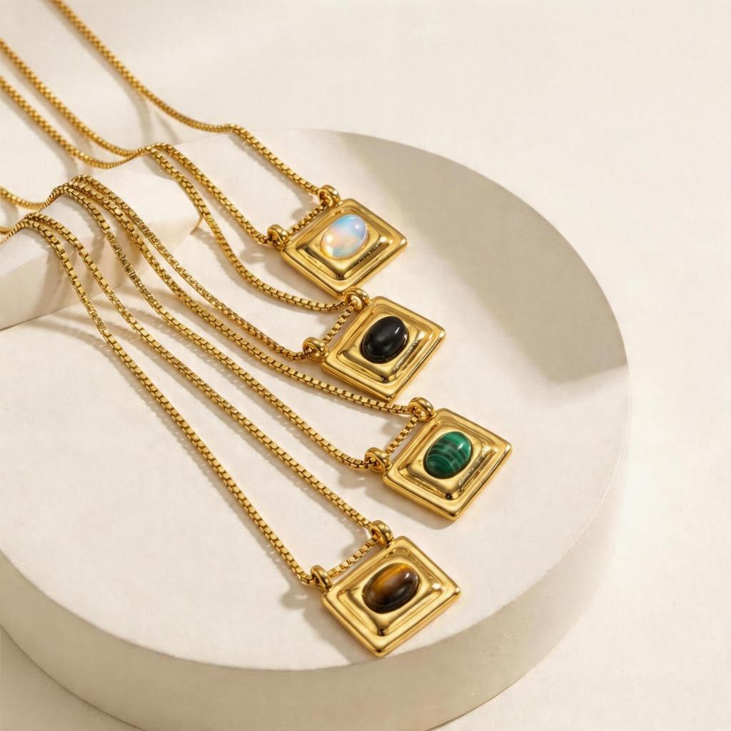 Square Pendant Necklace Stainless Steel Natural Stone Inlay Box Chain for Women Vintage Healing Jewelry Waterproof