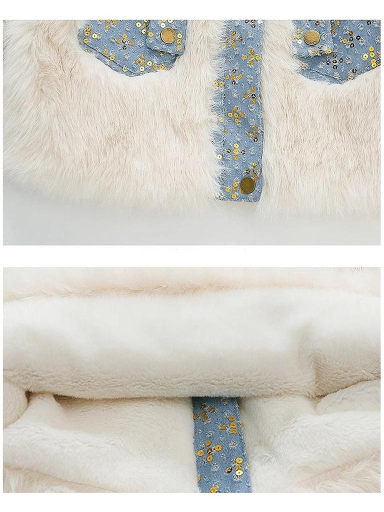Girls' Fashionable Denim Fleece-lined Jacket - Autumn/Winter 2025 Faux Fur Coat for Children