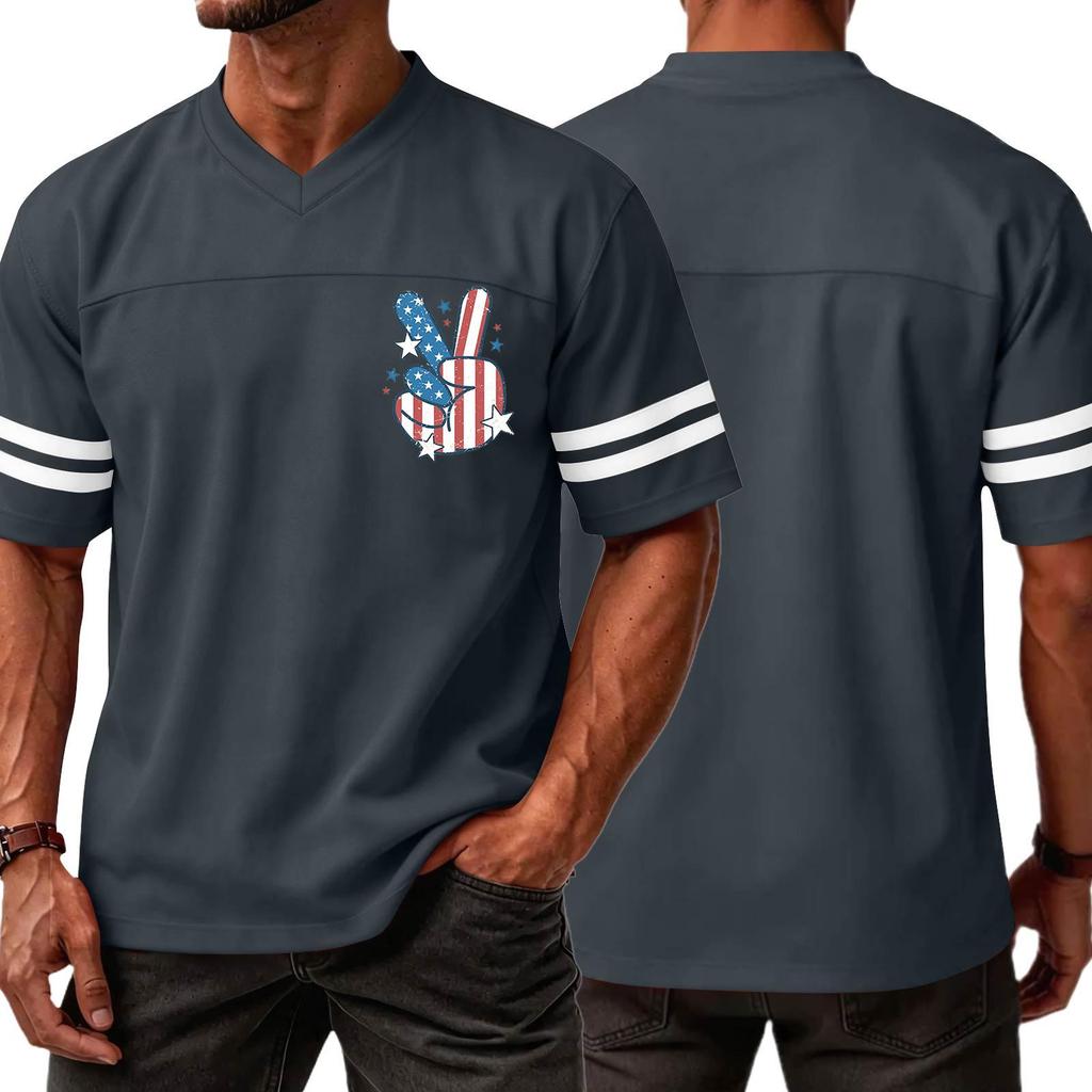 Men V Neck Casual Short Sleeve Jersey Shirt with Independence Day Print and Striped Sleeves for Sports and Wear
