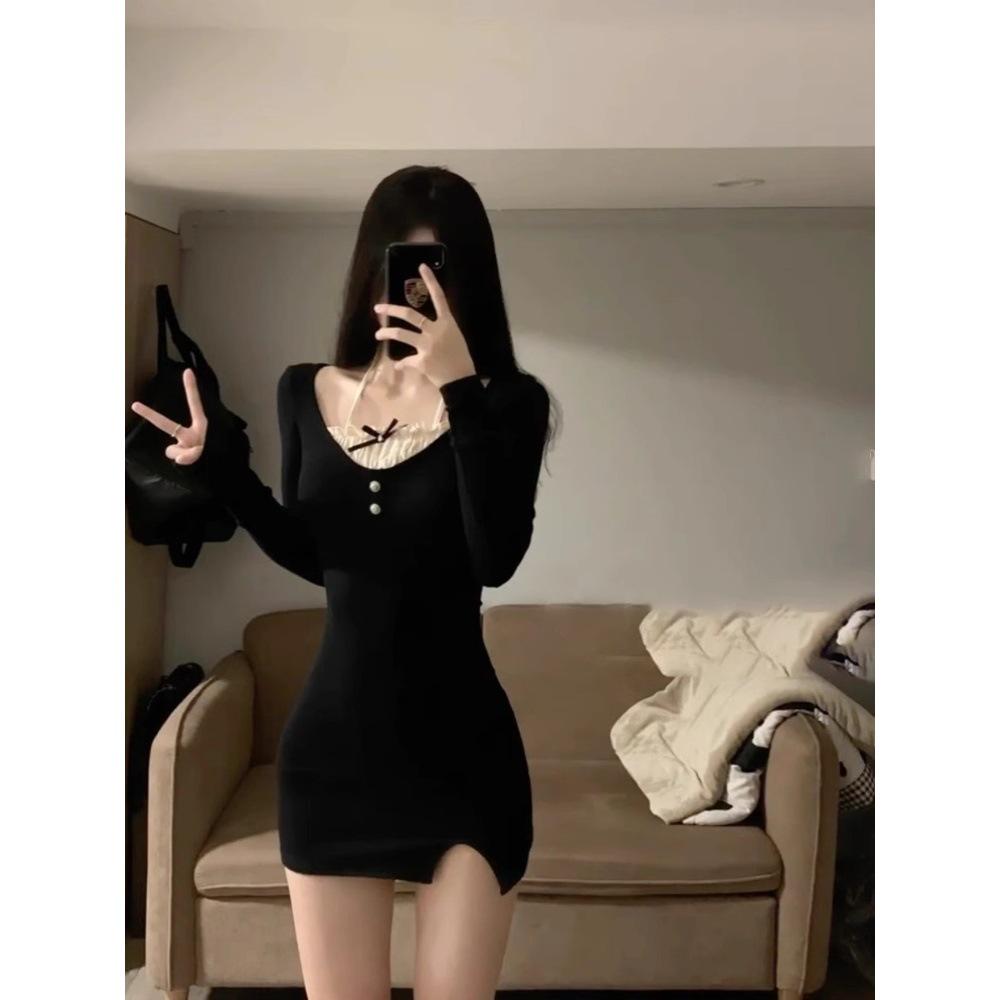 

Черное Сексуальное Облегающее Мини-платье - Весенний Комплект из Двух Частей, Облегающий Крой, Лоскутный Дизайн L