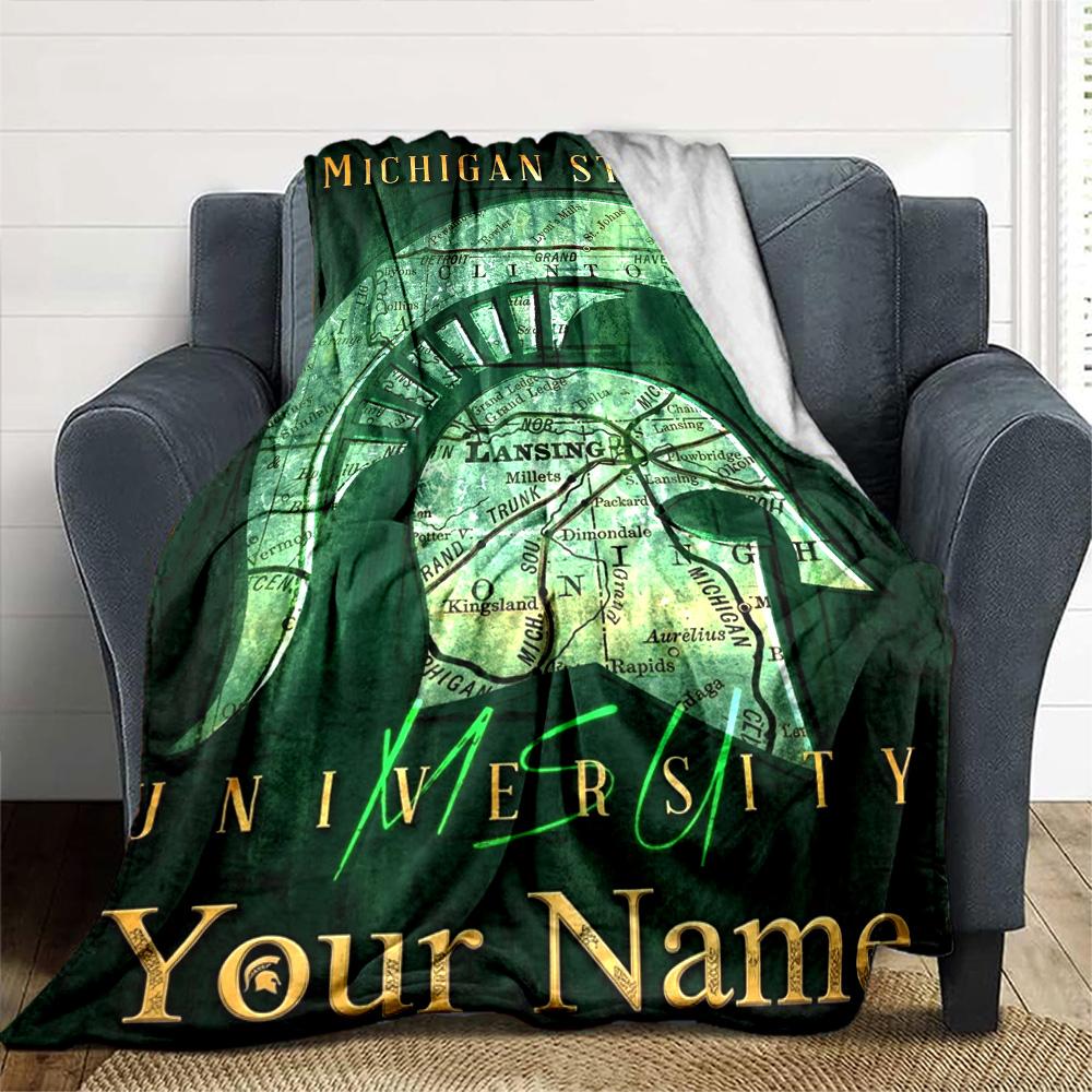 Name Custom Michigan State Spartans Print Flannel Blanket High Quality Warm Comfortable Cover for All Seasons Perfect for Gifts Home Decor