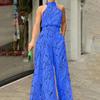 Women's Sleeveless Crew Neck Slimming Print Jumpsuit with Lace-up