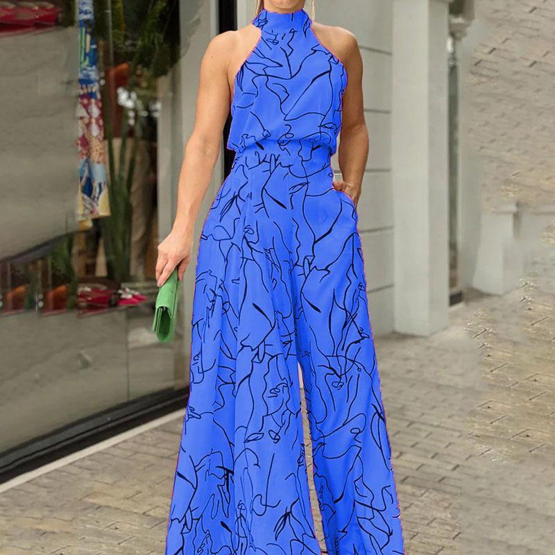 Women's Sleeveless Crew Neck Slimming Print Jumpsuit with Lace-up