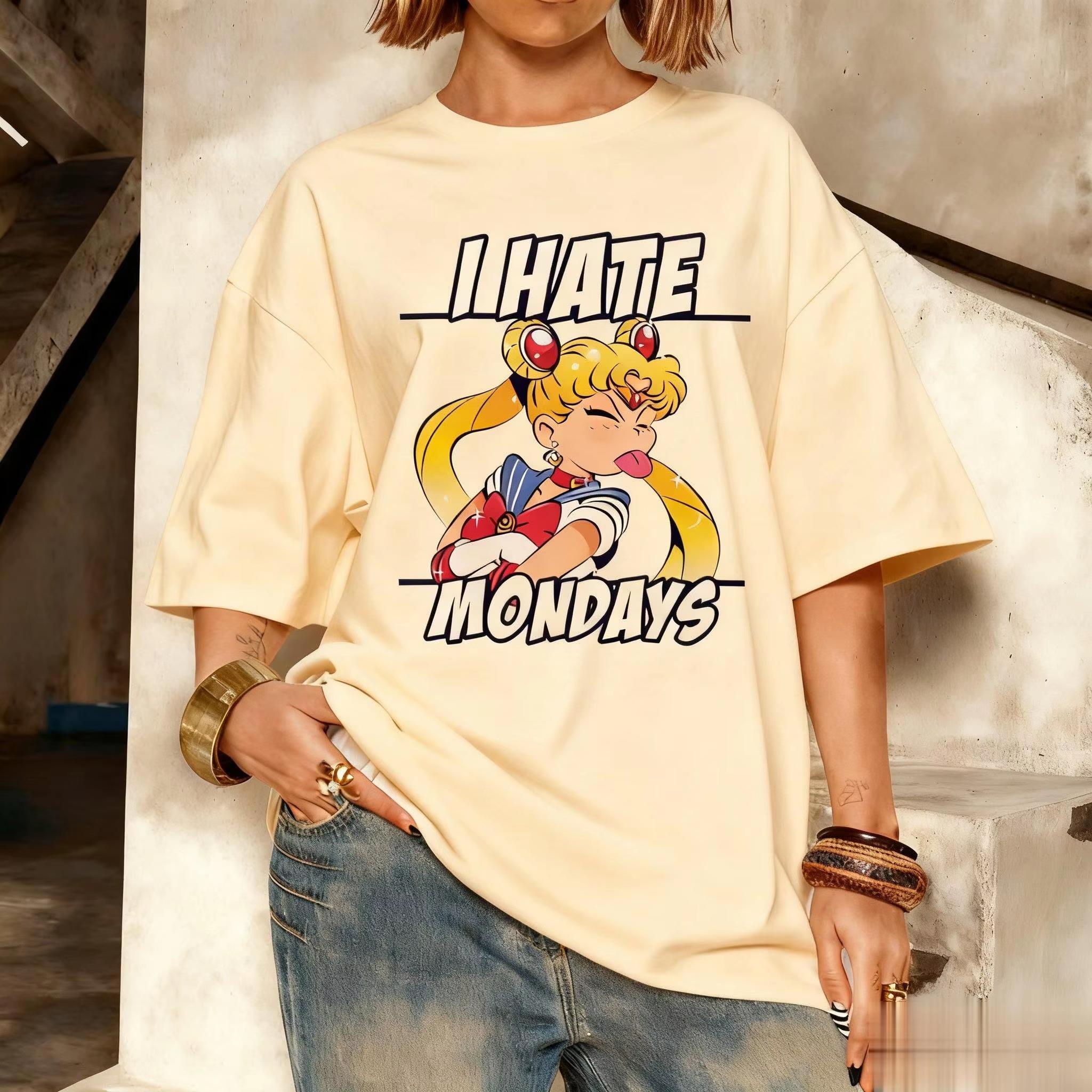 

2026 Anime Sailor Moon I Hate Mondays Tshirt Women Unisex Casual Short Sleeve Tees Streetwear Kawaii Graphic Print Summer Fashion 4XL