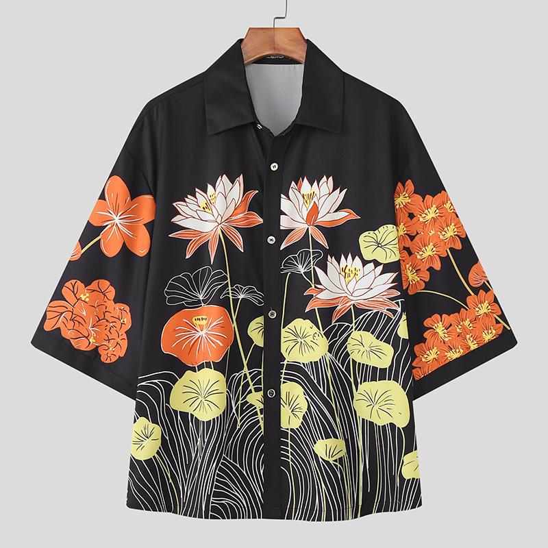 

INCERUN Oversized Men Casual Loose Lapel Short Sleeve Floral Print Shirts Tops 4XL чёрный