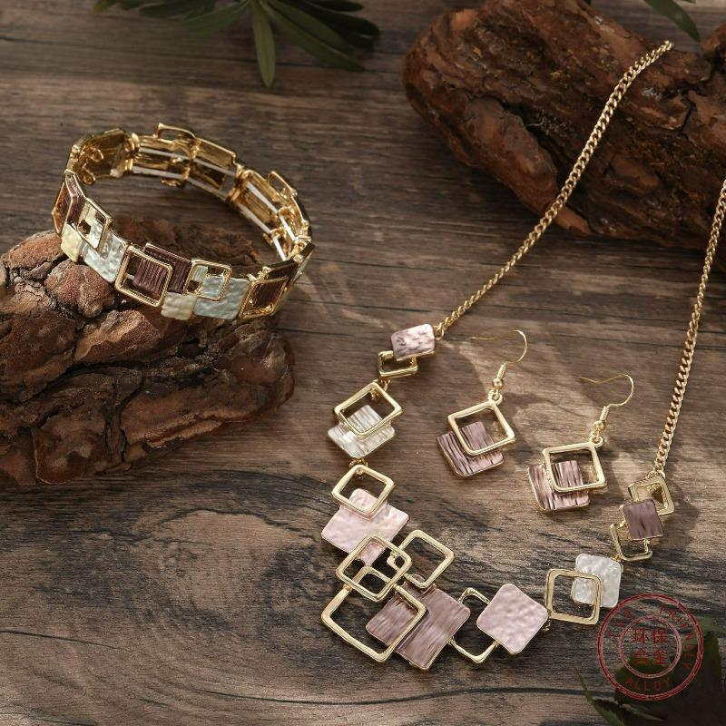 Barevný Olejový Geometrický Čtvercový Náušnice Stud Náramky Náhrdelník Sada, Vysoce Kvalitní Dámská Sada Šperků