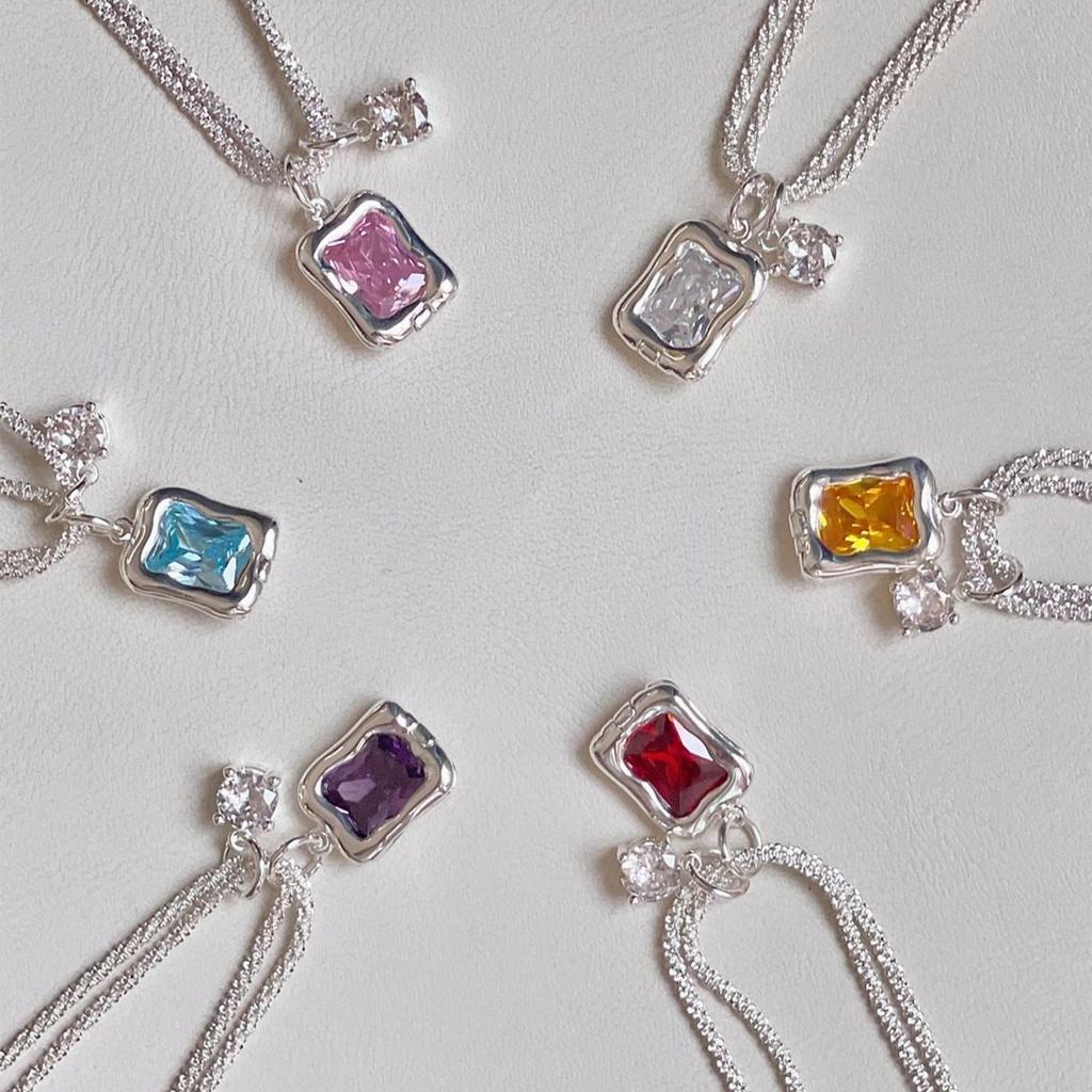 Silver Shiny Clavicle Chain Double-layer Necklace Square Pendant Replaceable for Six Colors Pendant Female Lover Gift