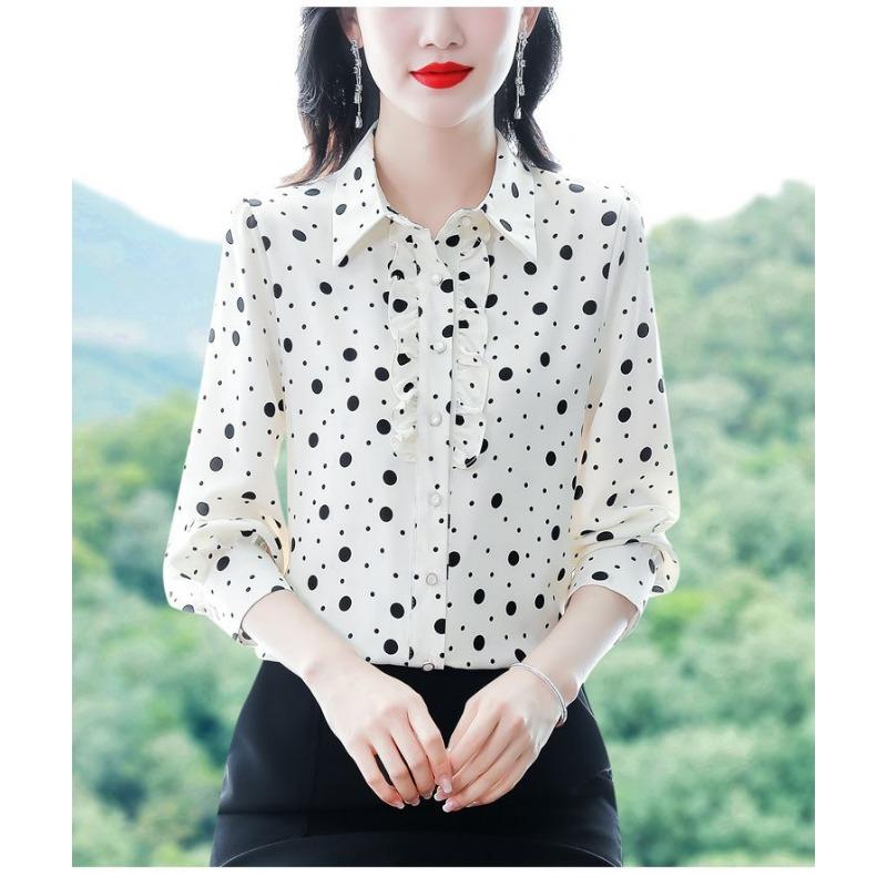 Women's Premium Polka Dot Print Long Sleeve Shirt Ruffle Trim Satin Blouse Elegant Casual Spring Autumn Top
