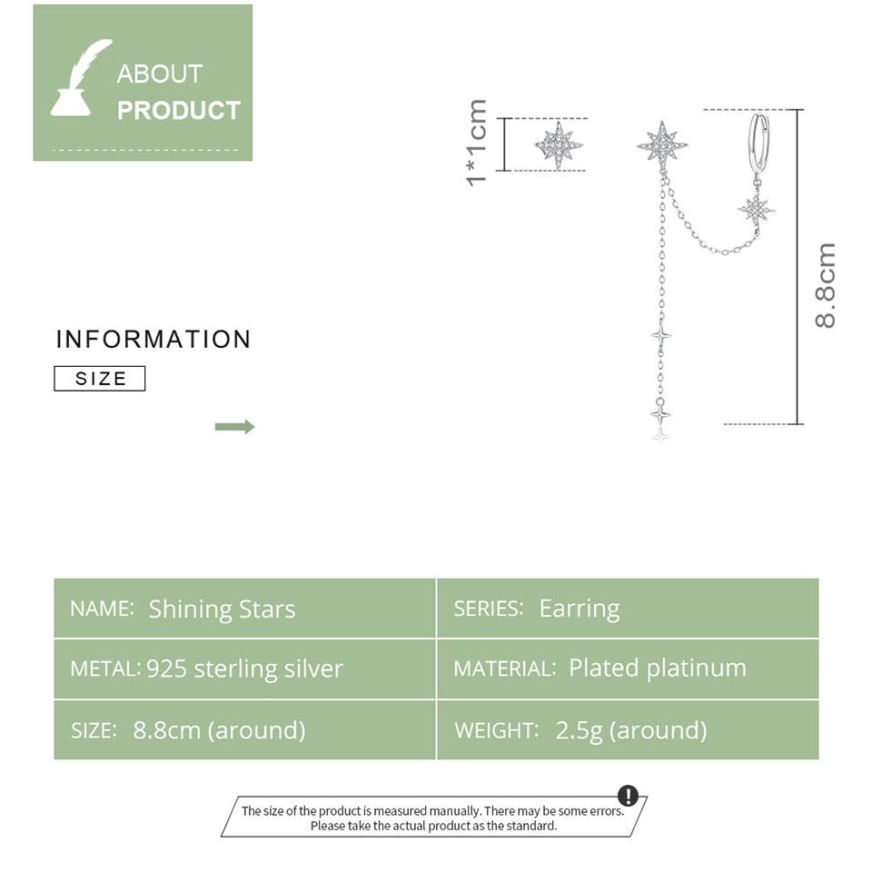 Bamoer Authentic 925 Silver Asymmetric Star Drop Earrings Clear CZ Stud Earring for Women Birthday Gift Jewelry BSE433