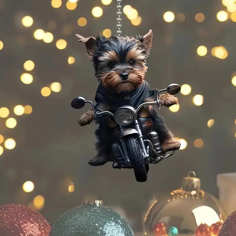 Yorkshire Terrier sur Moto Ornement Suspendu en Acrylique - Design de Chien Découpé au Laser 2D Charme pour Rétroviseur de Voiture