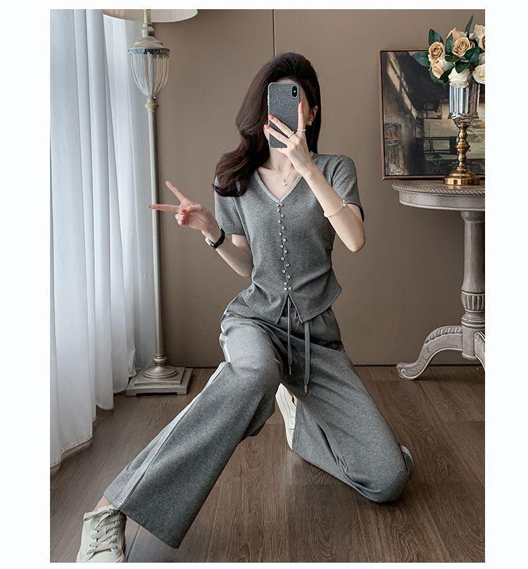 Women's Summer Casual Two-Piece Set: Stylish Korean Short Sleeve Top & Wide Leg Pants
