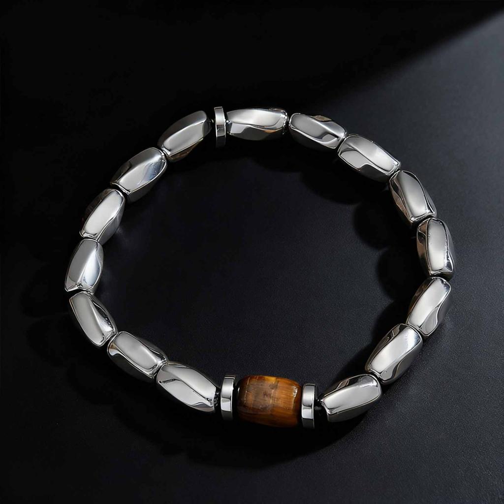Silver Color Retro Irregular Beaded Bracelet for Men, Chic Tiger Eye Stone Elastic Chain Bracelet, Fashion Punk Jewelry Gift