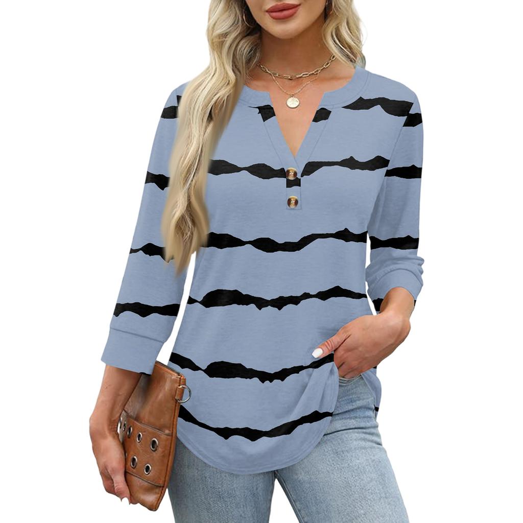 Women's Fashion Striped Print Neck 3/4 Sleeve T-Shirt Top for Everyday Wear