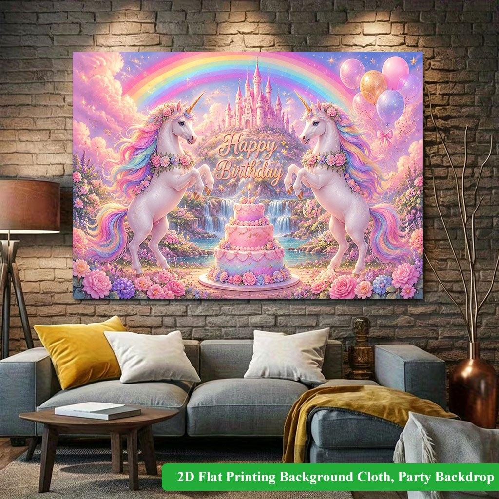 2D Flat Backdrop1pc Rainbow Unicorn Birthday Backdrop Banner Polyester Wall Decor For Living Room Bedroom Office Outdoor Decor Holiday Gift