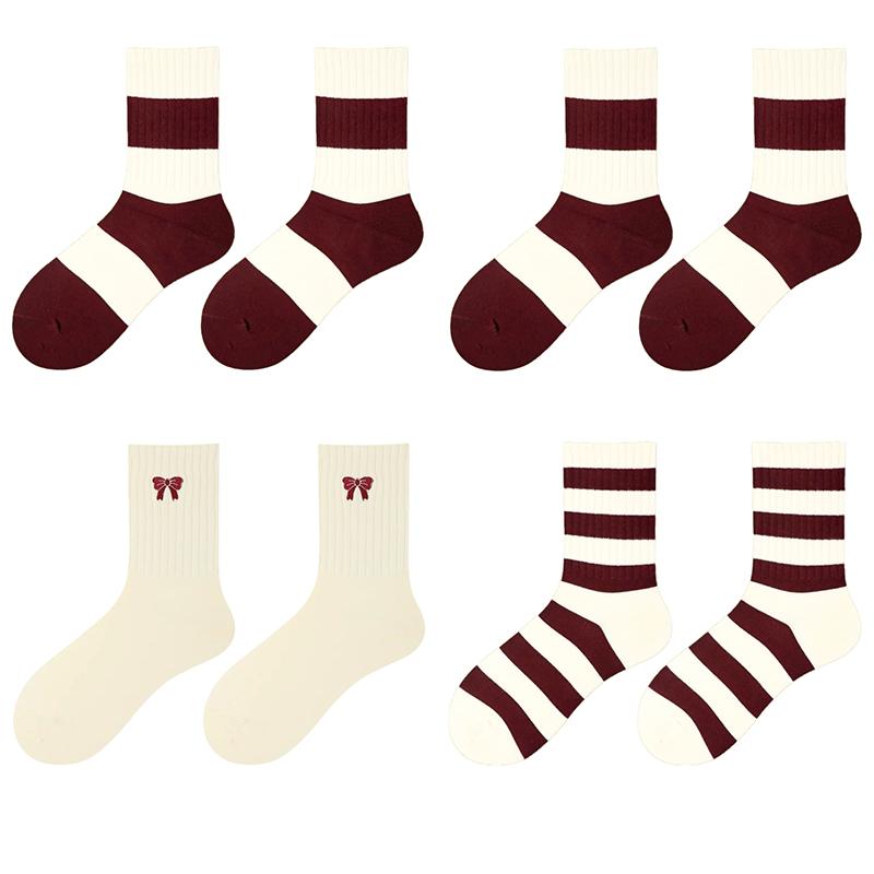 Ancora Women's Mid Tube Pure Cotton Socks Korean Style Bow Embroidery  Warm Breathable Festive New Year Girls Socks