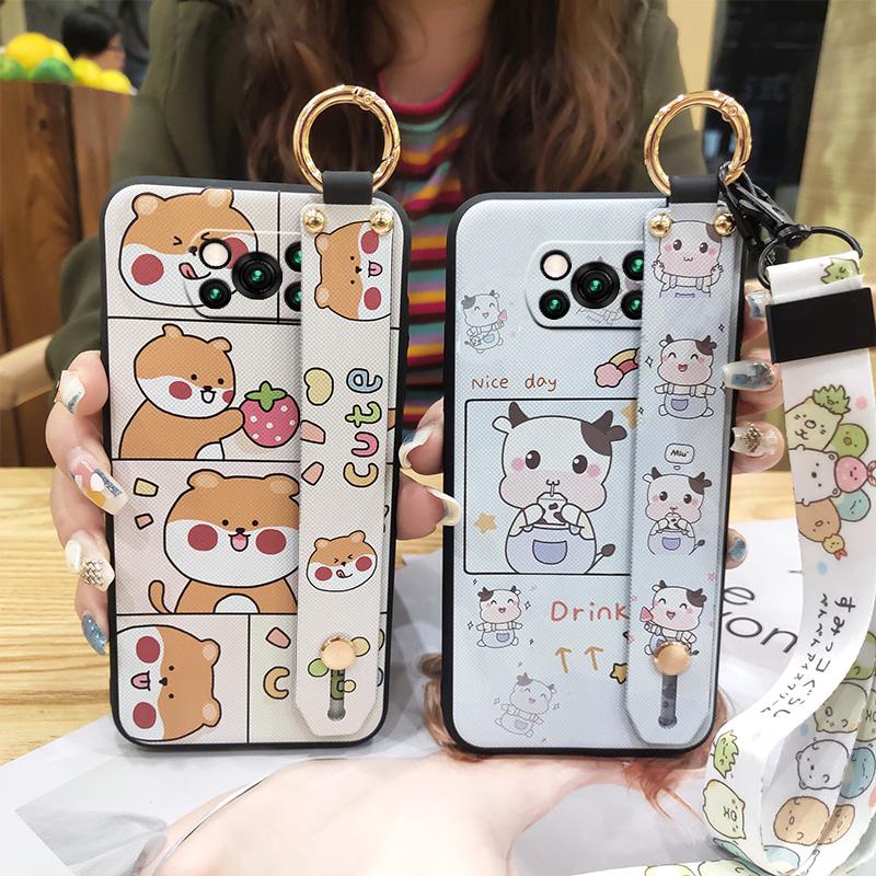 Anti-dust Kickstand Phone Case For Xiaomi Poco X3 NFC/X3 Pro Wristband Lanyard Dirt-resistant Back Cover Cartoon Ring