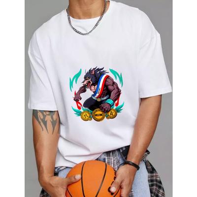 T-shirt Bianca Mascotte Lupo con Medaglie e Testo di Benvenuto Abbigliamento Casual da Uomo