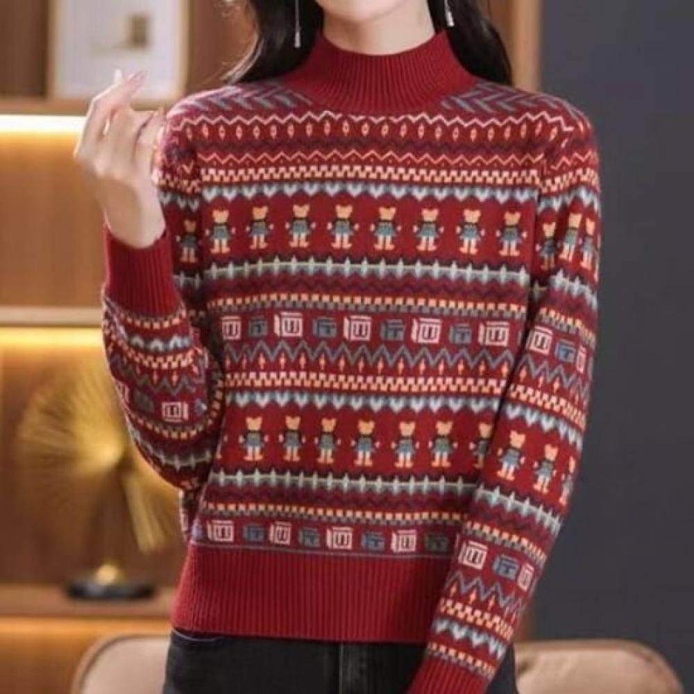 Navava Women S Retro Ethnic Pattern Half Turtle Neck Long Sleeve Knit Sweater Nk
