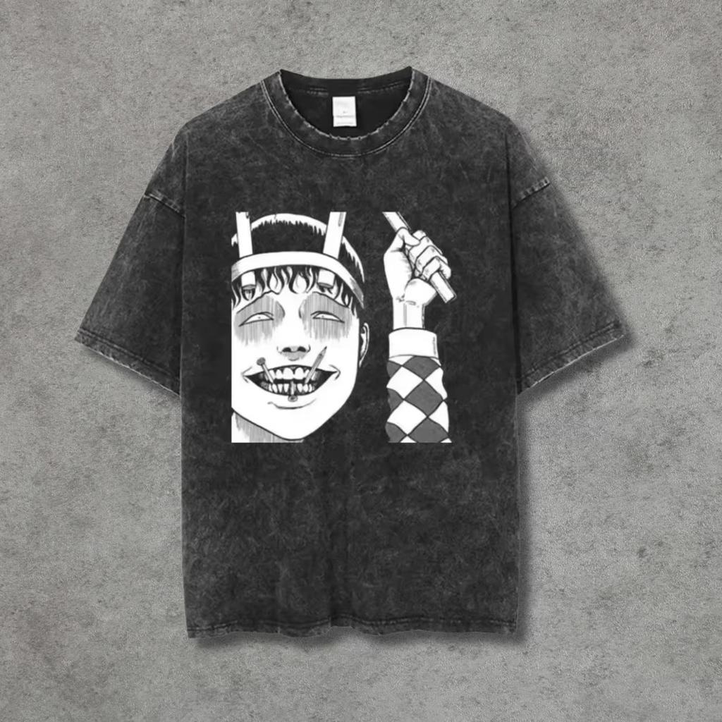Retro Washed Black Cotton T-Shirt Gothic Horror Manga Girl with Spider Web Print Oversized Streetwear Tee