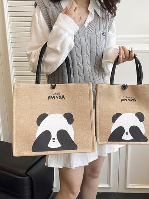 Portable Large-Capacity Panda Tote Bag - Retro Linen Shopping & Travel Shoulder Bag