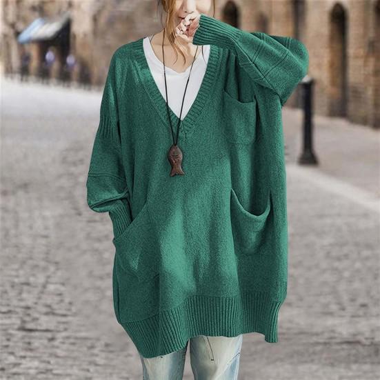 Women Sweater V-Neck Long Sleeve Sweater with Pockets Solid Color Loose Fit Long Hem Knitting Tops Autumn Winter Wear