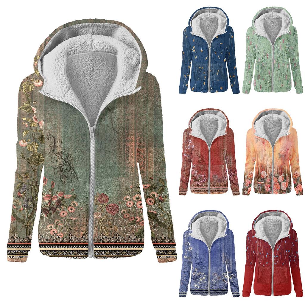 Women's Fashion Retro Floral Print Hooded Plush Casual Top Zipper Jacket