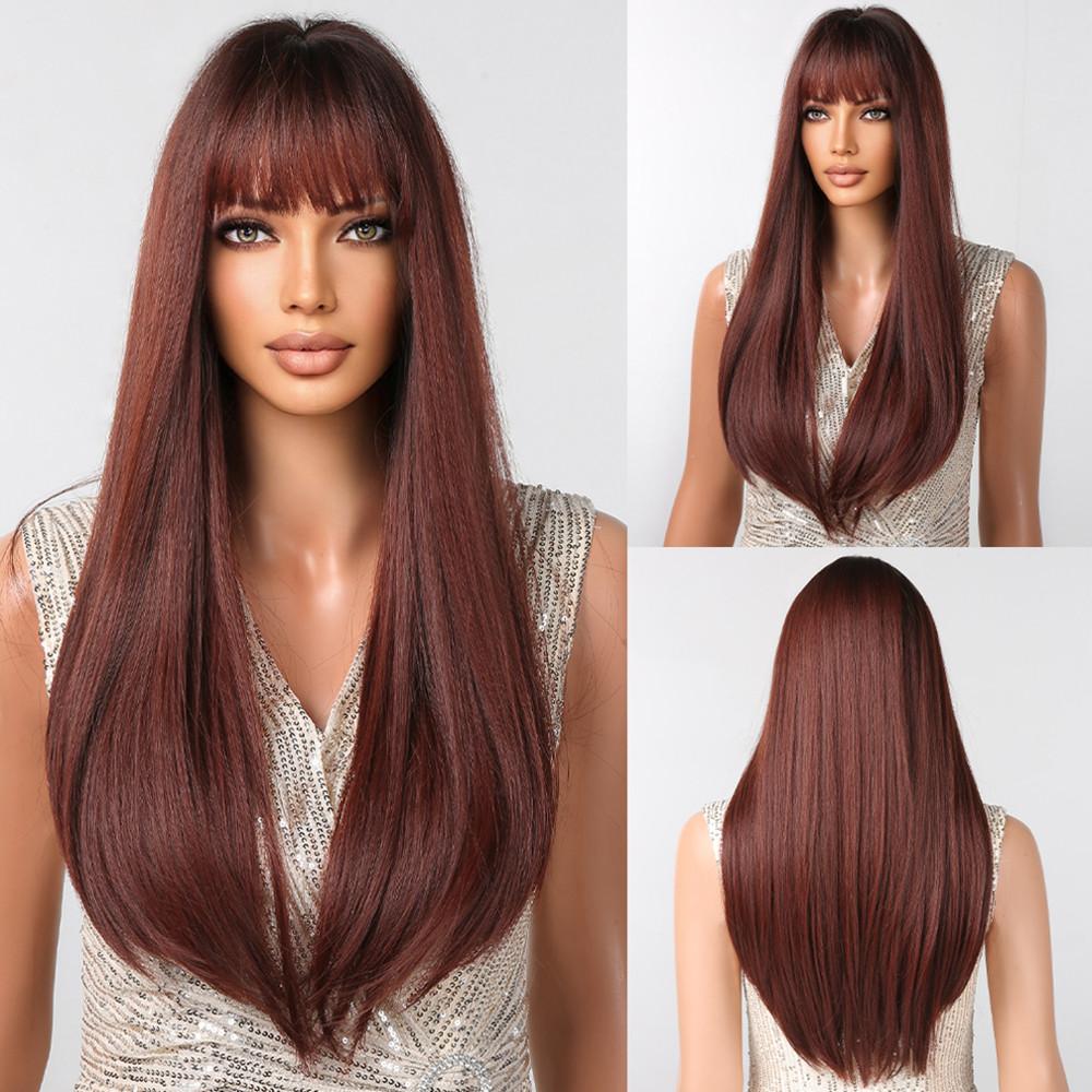 ALAN EATON Black Synthetic Wigs with Bangs Long Straight Black Wig High Temperature Fiber Wig for Daily Cosplay Hair Women Use