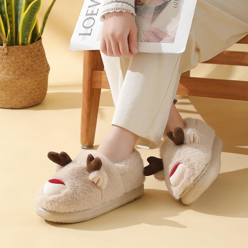 Elk Cotton Shoes Autumn and Winter Home Indoor Non-slip Warm Cartoon Children's Parent-child Cotton Shoes Christmas Couple Bag and Cotton Shoes