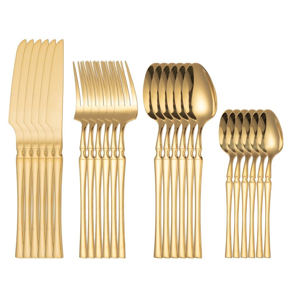 Barevná sada nádobí Sada příborů z nerezové oceli Kuchyňská zrcadlová zlatá sada nádobí Nůž Vidlička Lžíce Večeřová sada