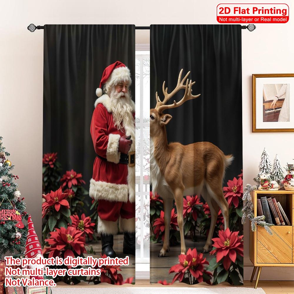 2pcs 2D Flat Printing Christmas Curtain Santa's Deer Friend Polyester Fabric Without Electricity Festive Curtains Perfect for