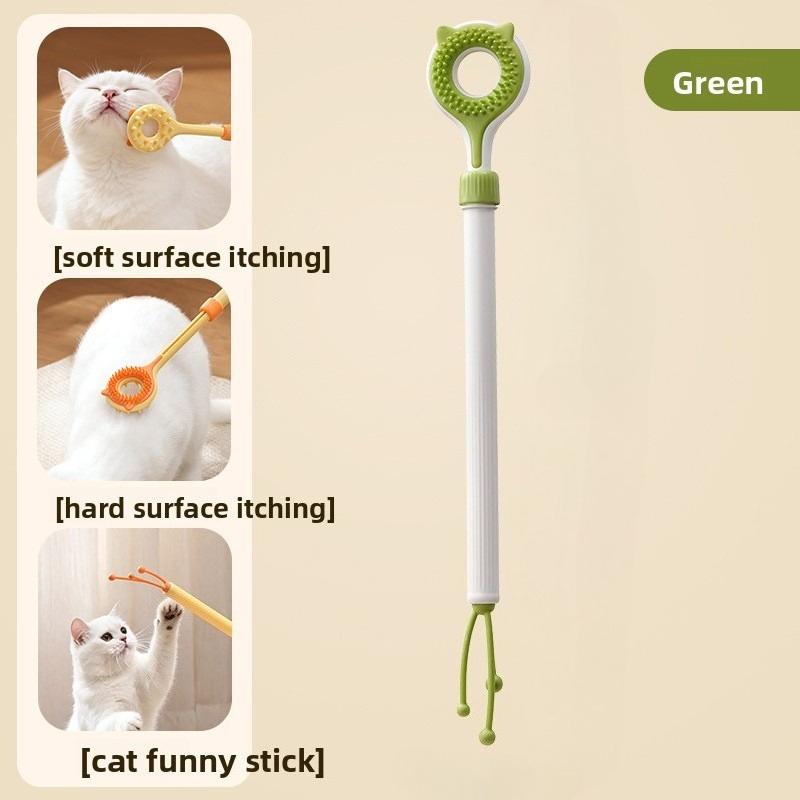 1PC Cat 3-in-1 Telescopic Beauty Tool, Double-sided Massage Anti-itching Stick and Interactive Cat Teaser Stick, Suitable for Pet Hair Removal Brush