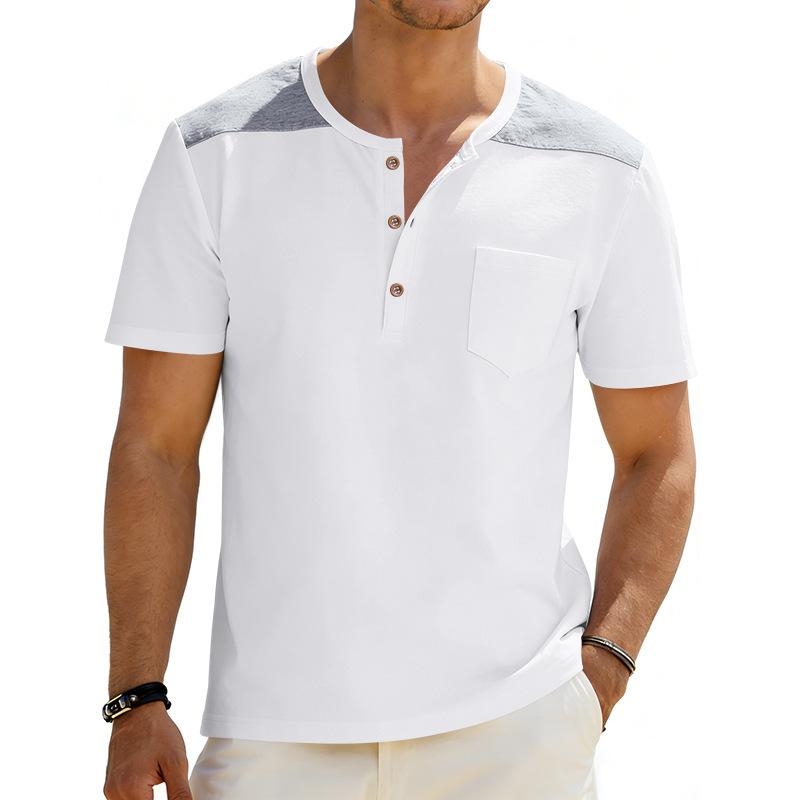 American Retro Mens Loose Breathable Color Block Patchwork Pocket Henley Short Sleeve T Shirt S белый