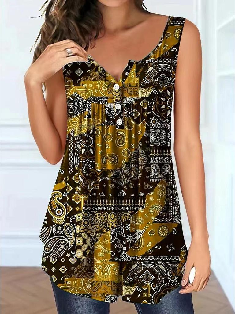 Plus Size Spring/Summer Paisley V-Neck Button-Down Loose Top for Women