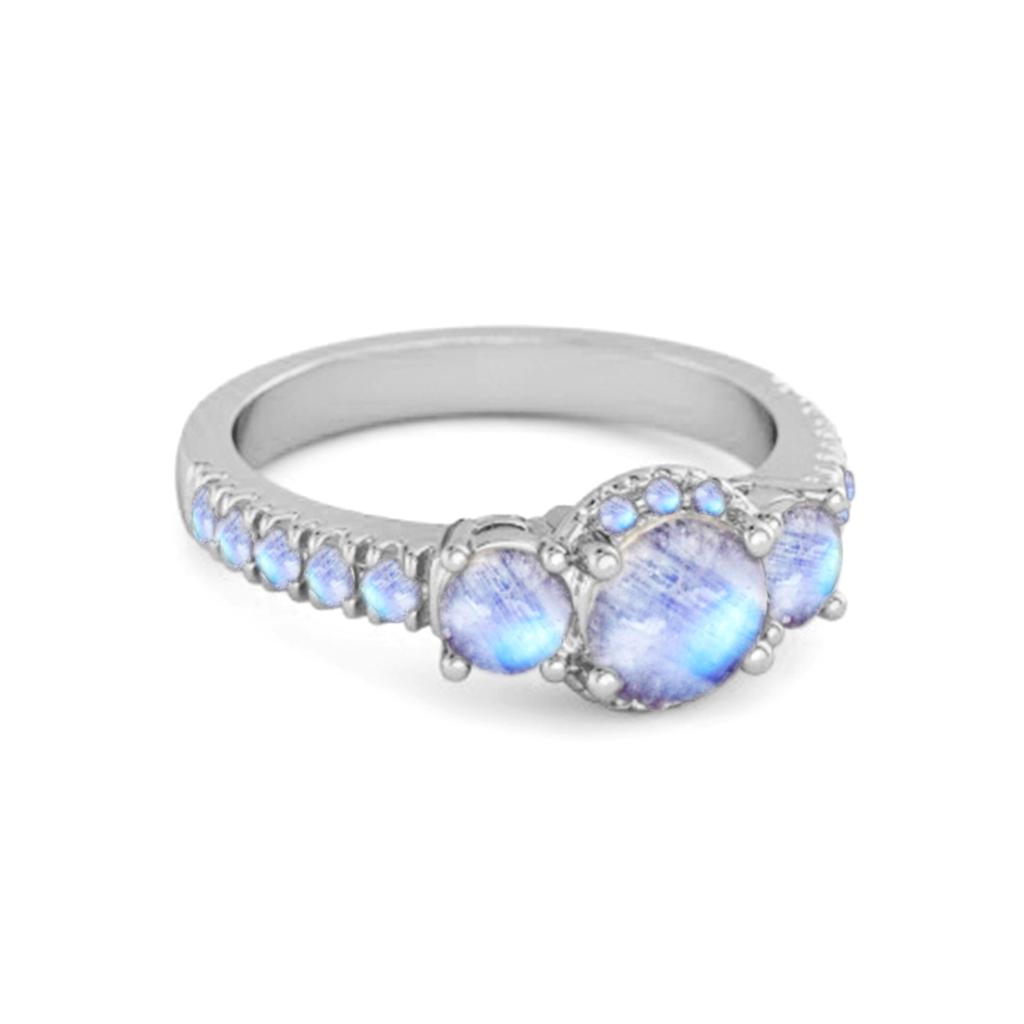 Moonstone Three-Stone Halo Pave Band Ring -925 Sterling Silver