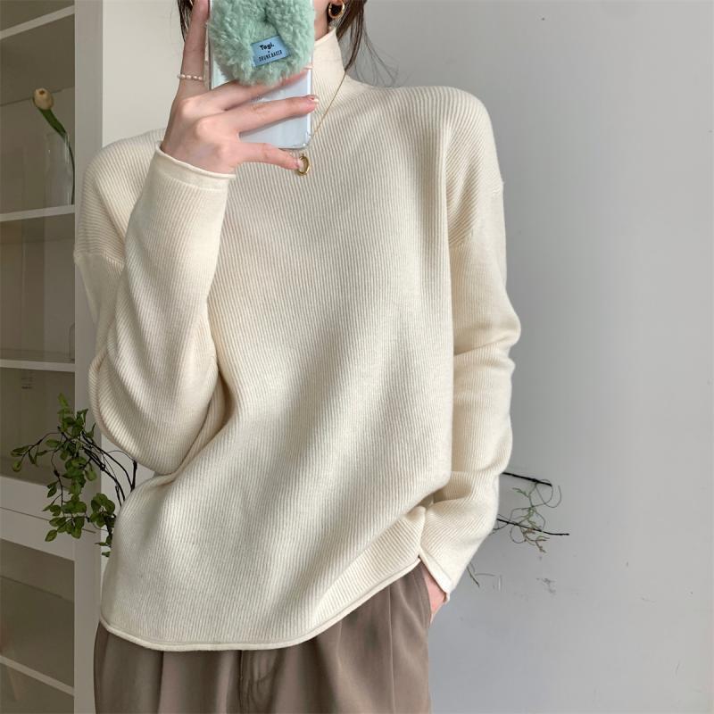 Solid-color Sweater Women's Fashion Korean-style Half Turtleneck Pullover Casual Loose Long-sleeved Knitted Sweater for Spring and Autumn