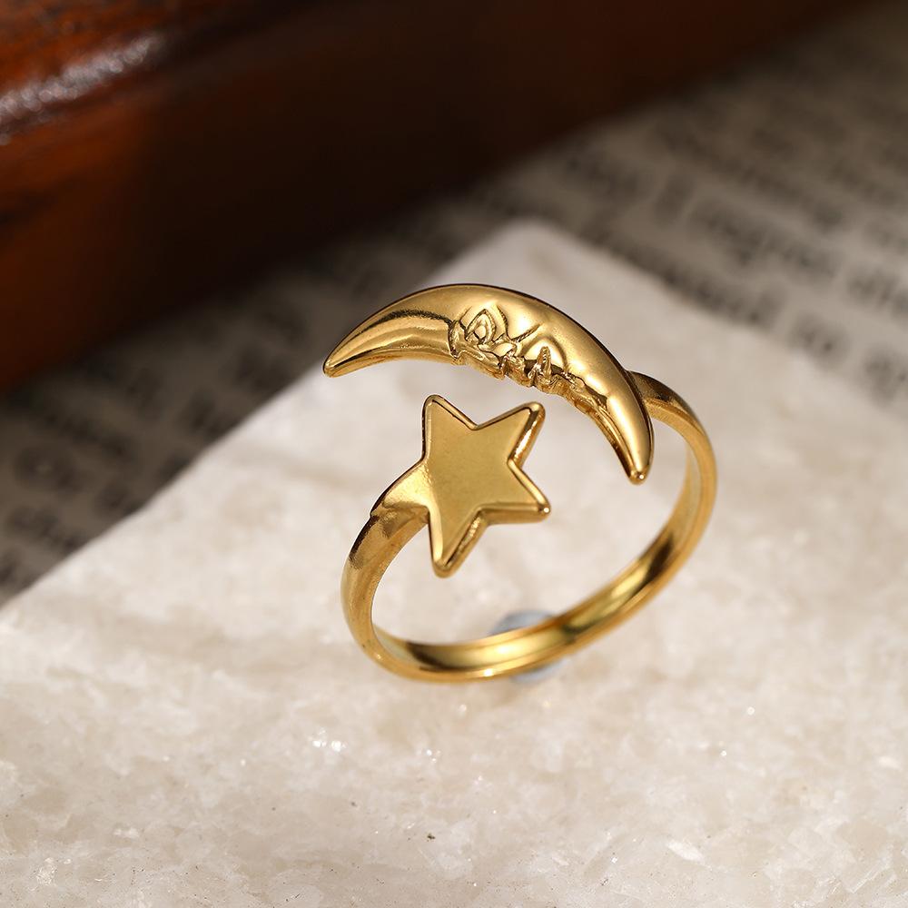 Women's Retro Moon Star Open Adjustable Ring Minimalist Stainless Steel Gold Color Finger Rings Waterproof Jewelry Wholesale