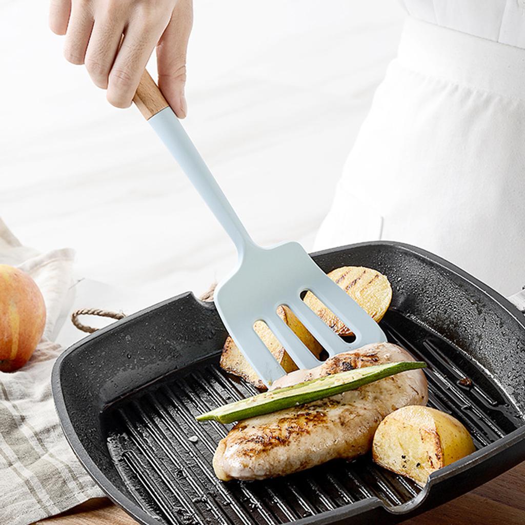 Blue Silicone Cooking Utensils Set Non-Stick Spatula Soup Spoon Eggbeater Food Clip Natural Wood Handle with Storage Box Kitchen Tools