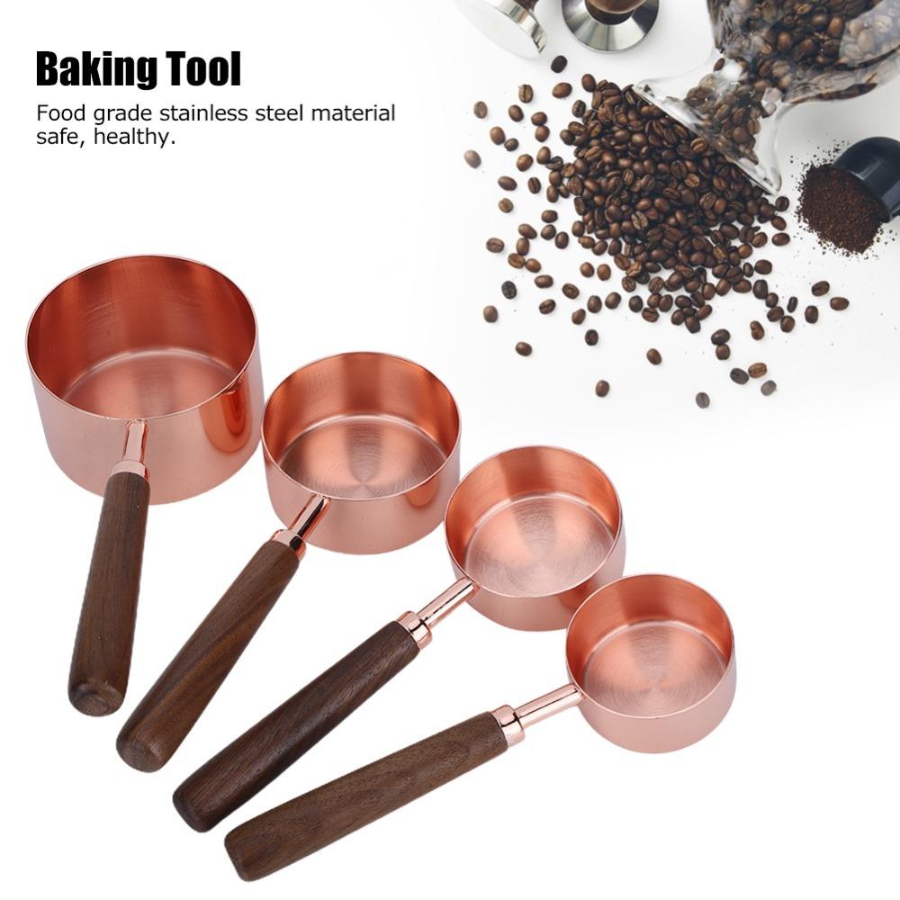4PC Set Wooden Handle Measuring Cup Set Rose Gold Finish Kitchen Measuring Tools Kitchen Use