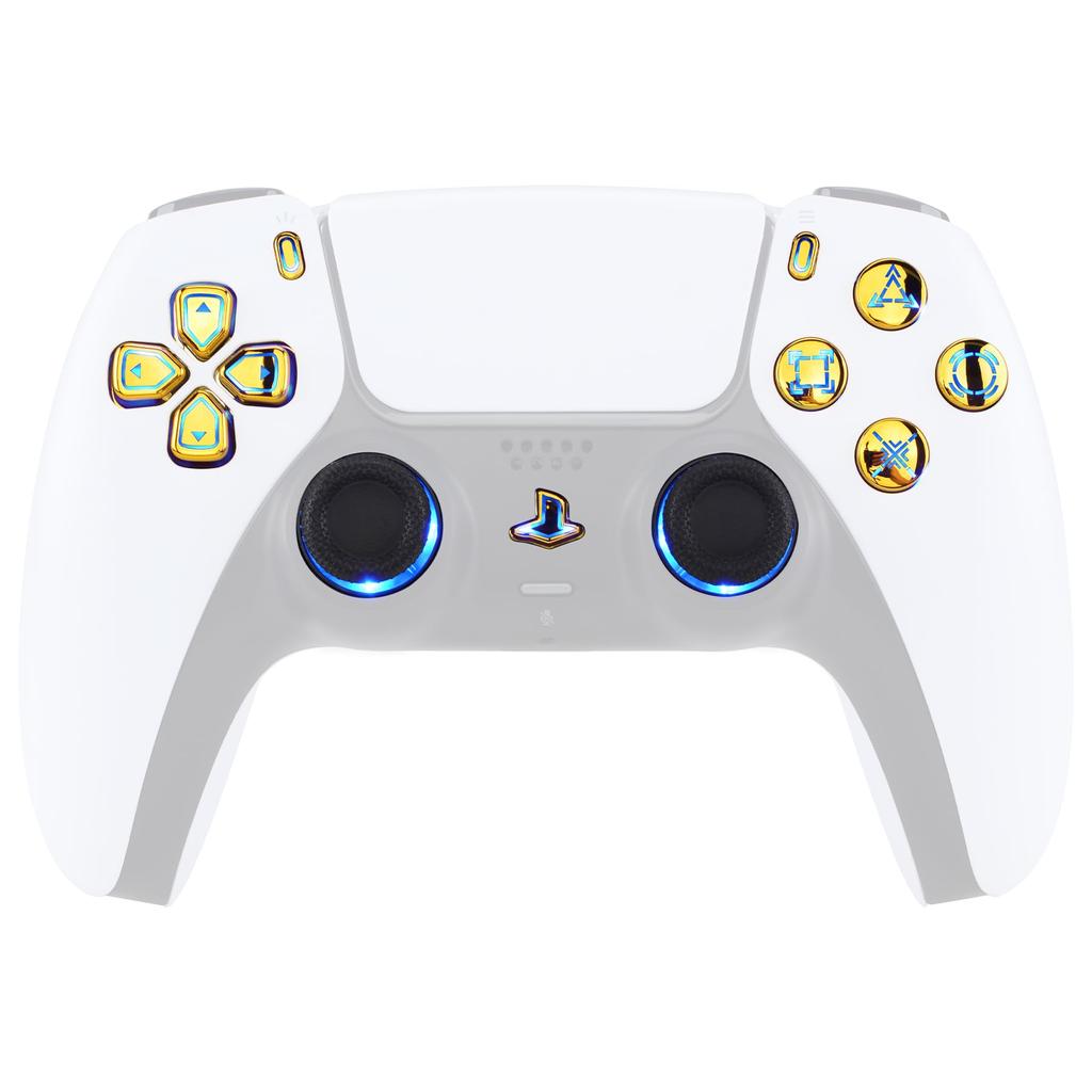 This is not a but an eXtremeRate DTF V3 LED Kit for PS5 controllers and featuring plated multicolor illuminated share and home face controller, (Gold)