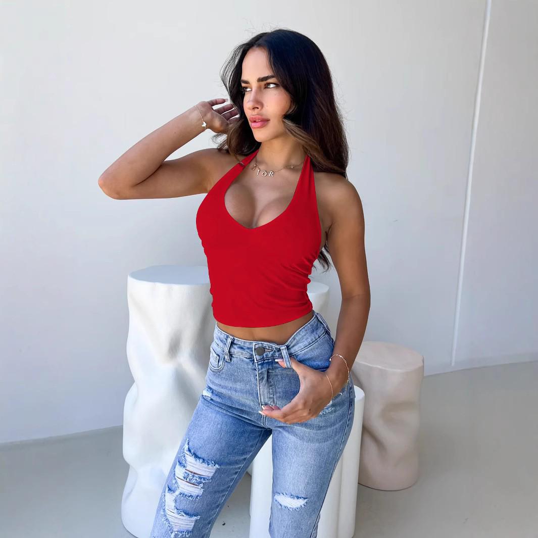 

Women s V-Neck Halter Top - Sexy Backless Crop T-Shirt Medium червоний