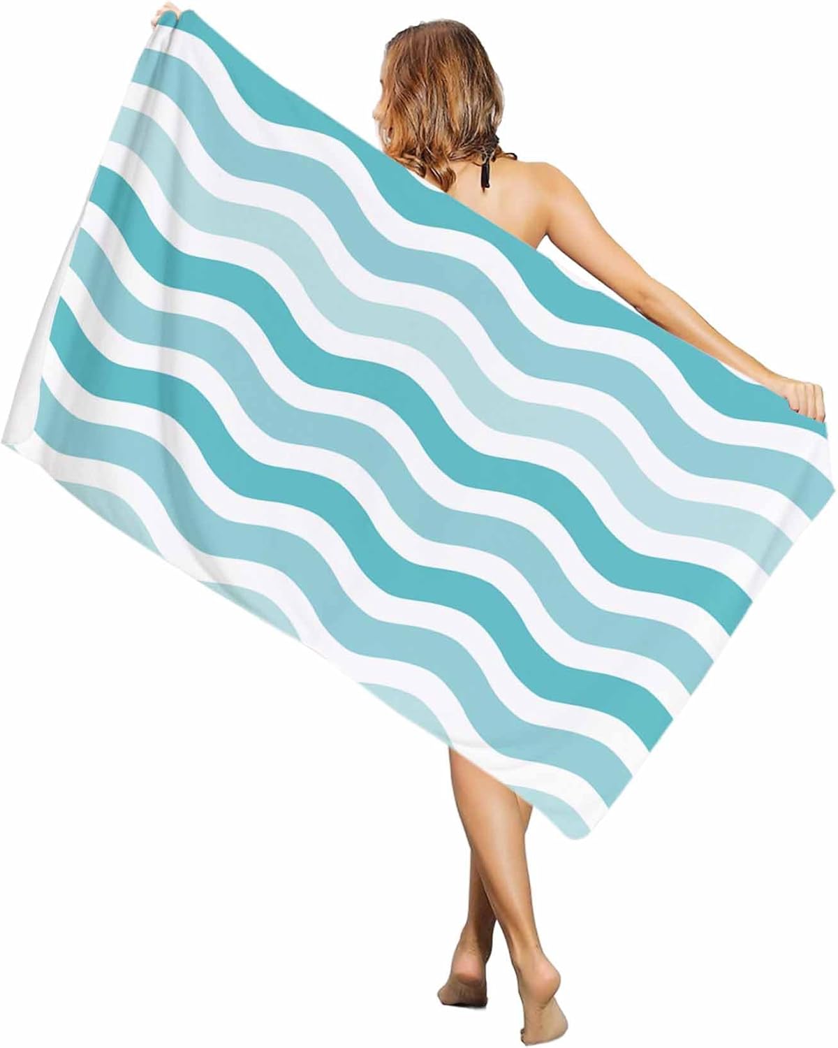 

Beach Towel Teal Nautical Waves Bath Pool Towels Lines Striped Absorbent Beach Towel Soft Large Quick Dry Lightweight Camping W30*H60(CM)