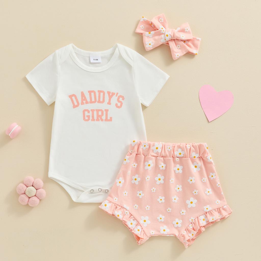Baby Girls 3Pcs Summer Outfit Short Sleeve Romper + Floral Shorts + Hairband Set Newborn Clothes