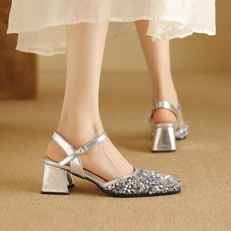 Square Toe Summer Party Shoes Women Sequin Closed Toe Thick Heels Women Sandals Glitter Dress Shoes for Woman Sandalias WSH5324
