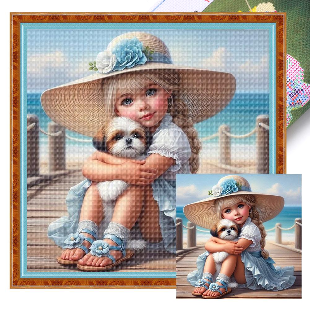 Full Embroidery Eco-cotton Thread 11CT Printed Girl Cross Stitch Kit Art 45x45cm