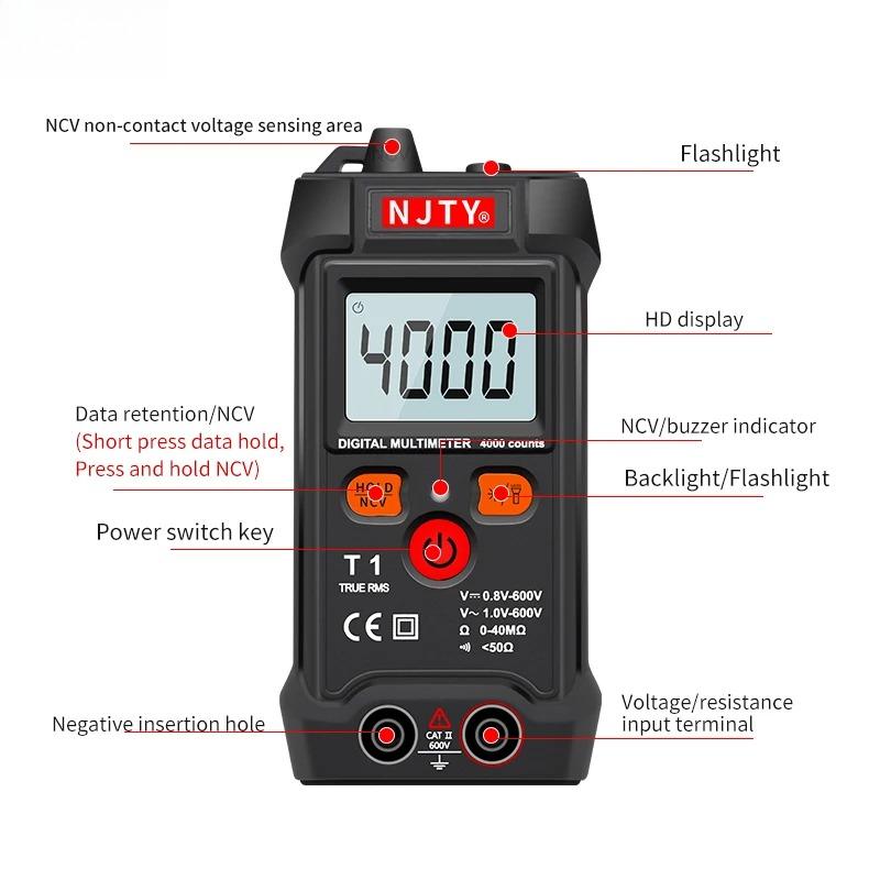 NJTY Professional Digital Multimeter Mini Auto Range Smart Multimetro 4000 Counts AC/DC Voltage Meter Resistance Tester