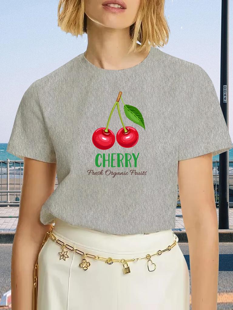 Cherry Blossom Graphic Print Crew Neck T-Shirt - Women's Casual Short Sleeve Summer & Spring Top Relaxed Fit