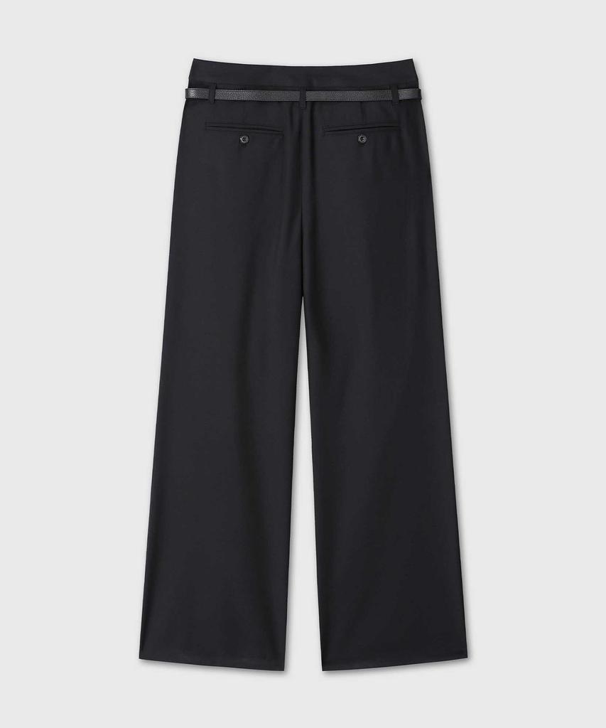 Beleun Leather Belted Box Pleated Slacks (Black)