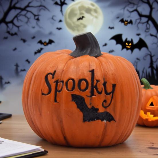 Halloween Pumpkin Figurine Spooky Bat Ghost Spider Web Pumpkin Statue Resin Tabletop Decoration for Home Mantel Shelf Decor